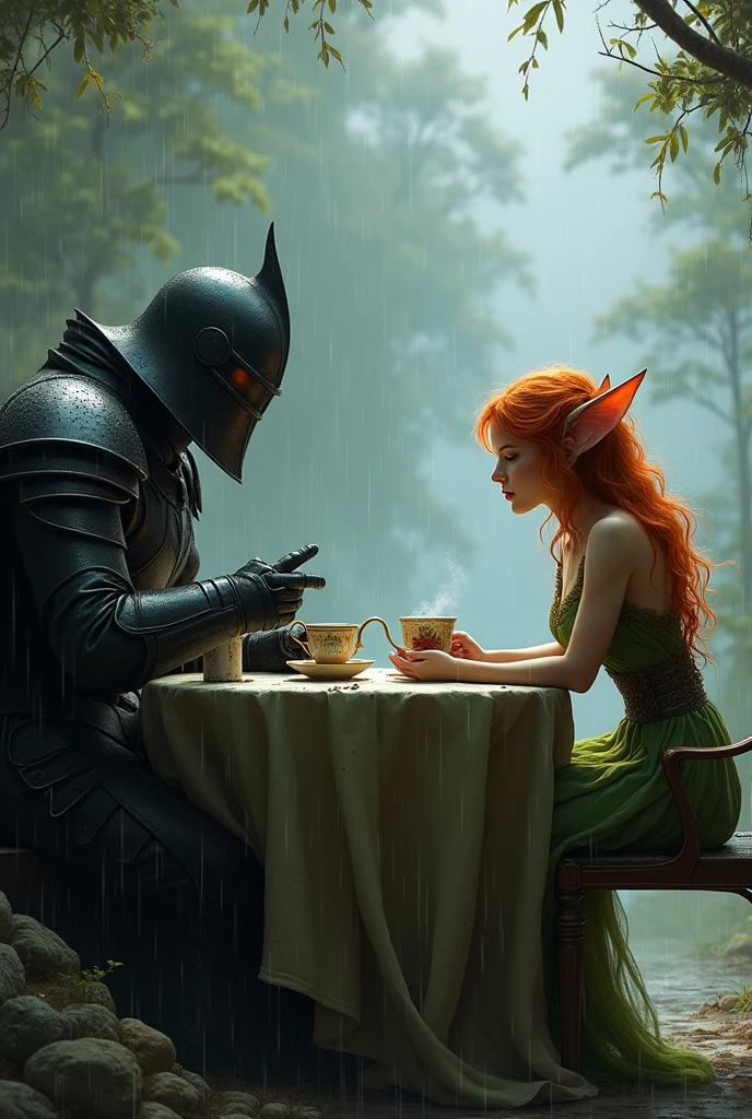 Romantic fantasy, in skyrim style. A man in armor and a black helmet covering his face, with sword, looking at a fairy with pointy ears and coppery orange hair drinking tea. The two are sitting at a table facing each other., it&#39;s raining. Looks like an oil painting, a little blurry