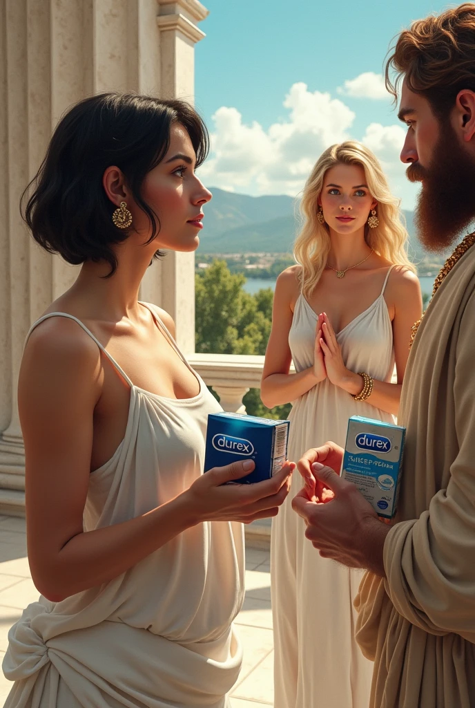 Sapphos from Lesbos in white dress woman with short dark hair holds Durex products in her hands stands behind Aphrodite and Zeus. Additional, Aphrodite in white dress and blonde hair, is talking to Zeus man