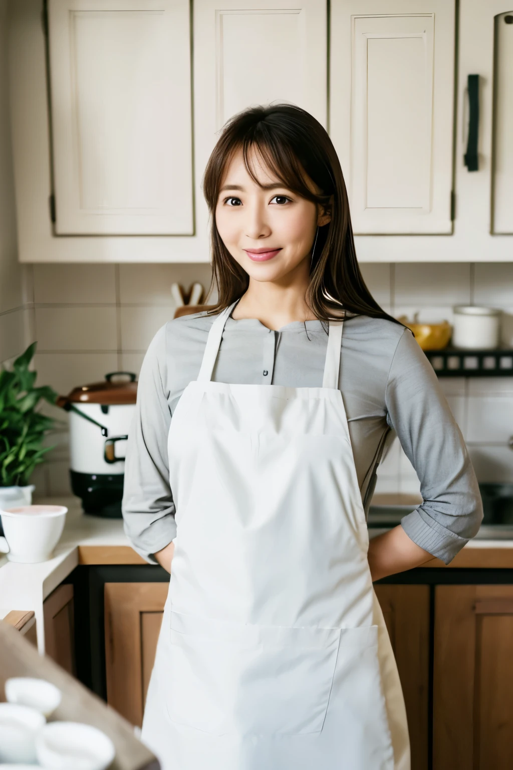 Masterpiece, Photogravure, High quality, Ultra-high resolution, 8K, Realistic, (Intricate details: 1.2), A skinny Japanese wife, 40 years old, {short|long} hair, cute face, no makeup, detailed face, beautiful eyes, detailed eyes, slender body, hourglass figure, anatomically correct body structure, (wearing a full-length apron: 1.4), looking into the camera. a photo captured at a kitchen filled with sunlight, white floor, white walls, cooking items, (plants: 0.8). full-body photo from various angles