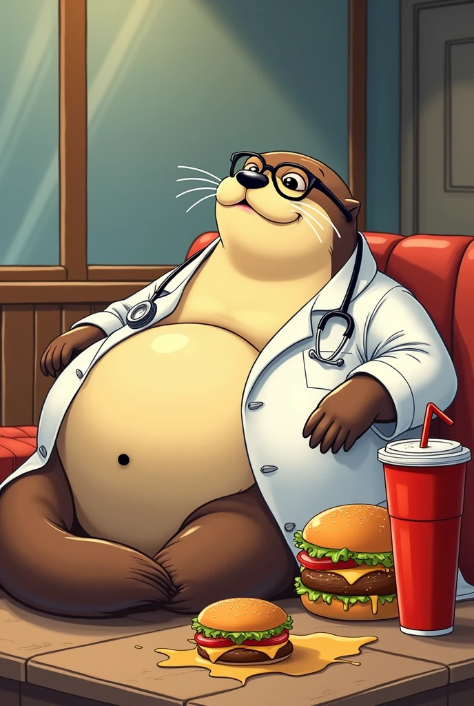 Otter lying down with obesity 2d animation for children dressed as a dirty nutritionist doctor with oil eating food a hamburger that is spilling drinking a cola soda for use as an image in a fast food place