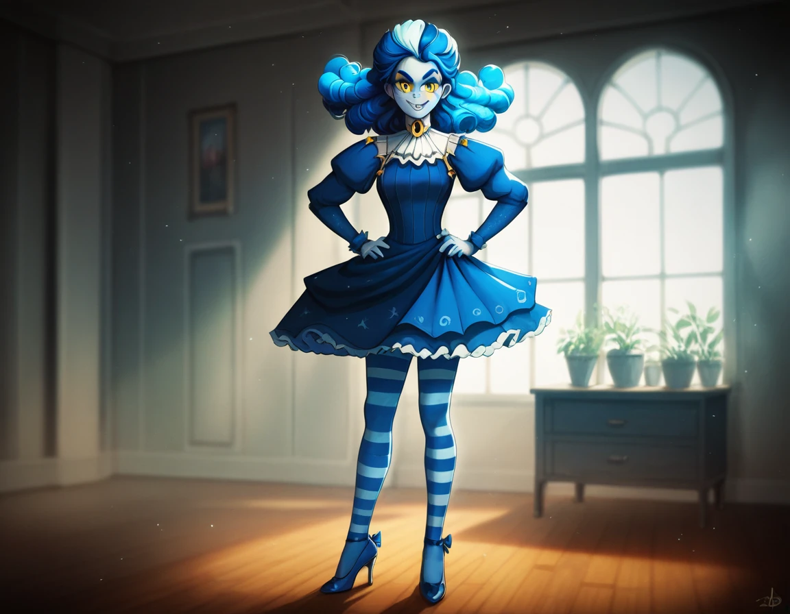 victorianstyle, frankelda, 1girl, solo, dress, striped, blue hair, puffy sleeves, high heels, colored skin, freckles, blue striped stockings, standing, evil smile, look at viewer, hands on hips, glowing blue eyes, yellow sclera, standing in a living room with a spiderweb rosette background, dark ambient, half body, dust particles floating in the air