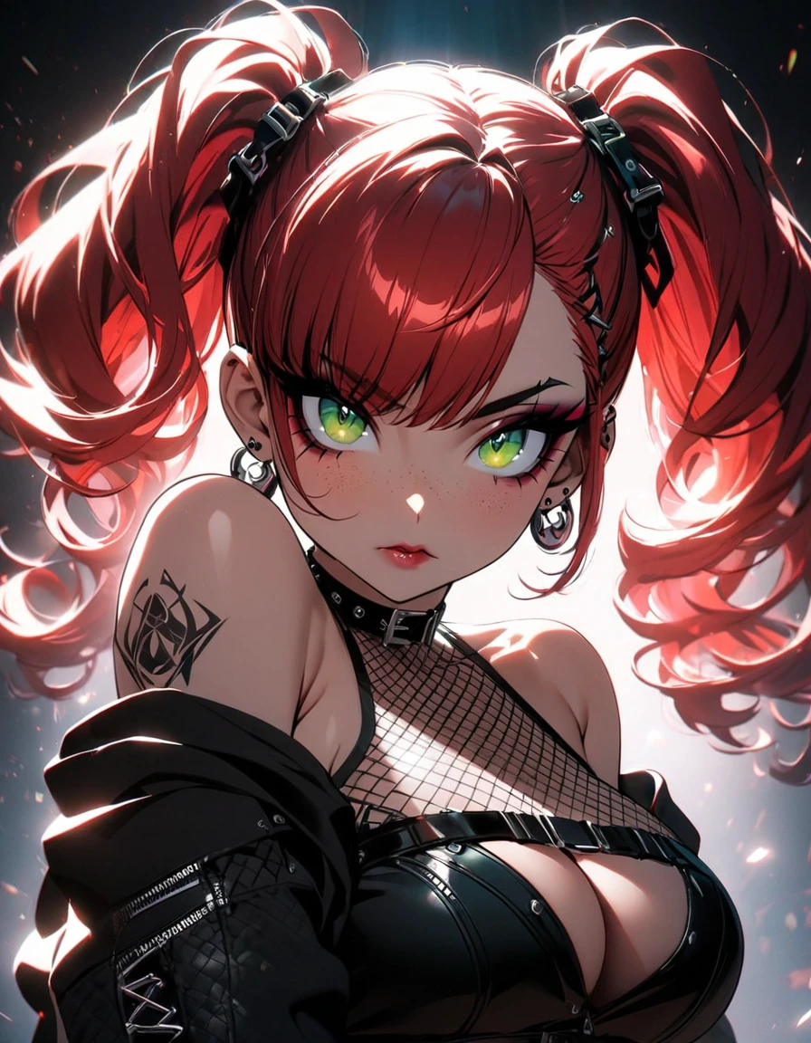 woman, curly red hair in pig tails, green eyes, eye shadow, black hoodie, red plaid skirt, black finger-less gloves, exposed shoulders, large breasts, freckles, cleavage, fishnet undershirt, looking at viewer, Holo-Punk Style, goth, earrings, eyelashes, makeup, solo, tattoo, punk aesthetic, cinematic lighting, masterpiece, best quality, face close up