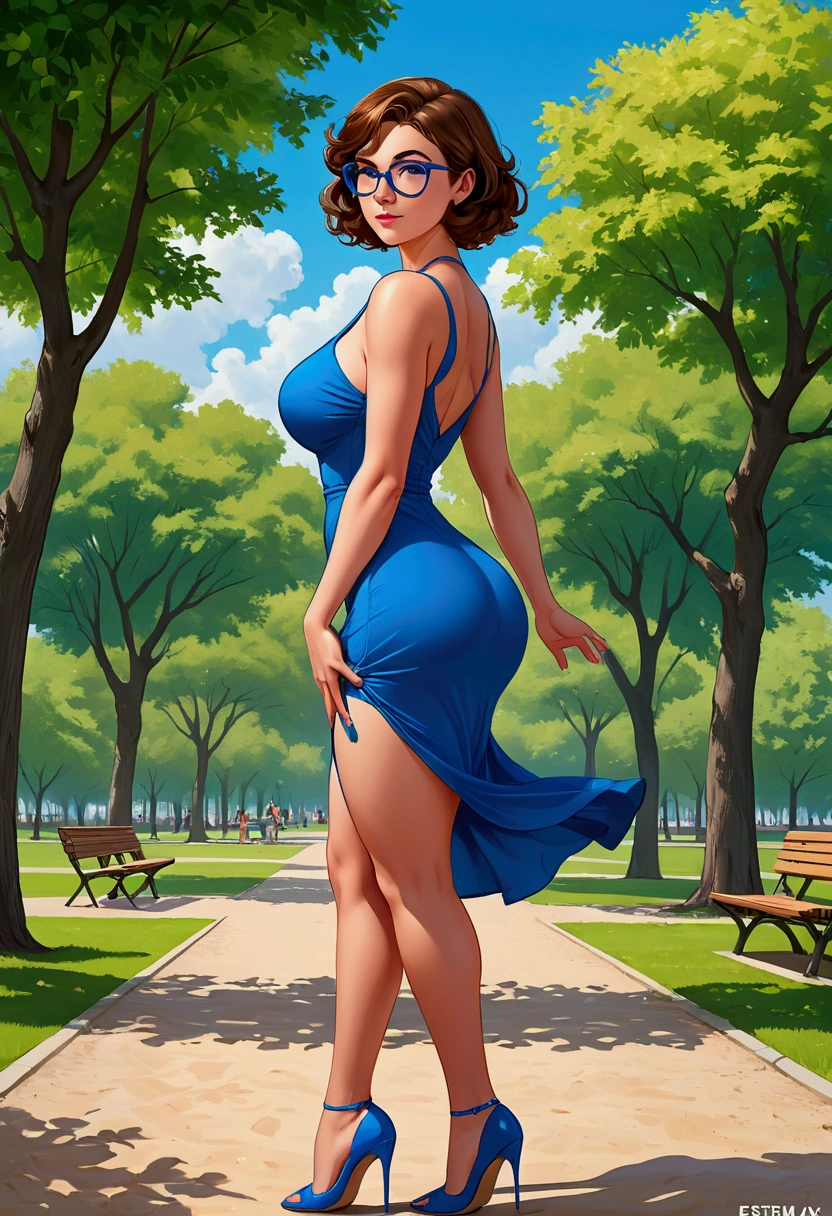 20 years old woman, Short brown hair, Méditerranéenne aux blue eye, Generous and heavy breasts, slender waist, estomac defini, fesses rebondies et pulpeuses, naturally curved, muscular thighs, aguicheuse, in a park, in a long floral dress , lunettes, earrings , blue eye, heels