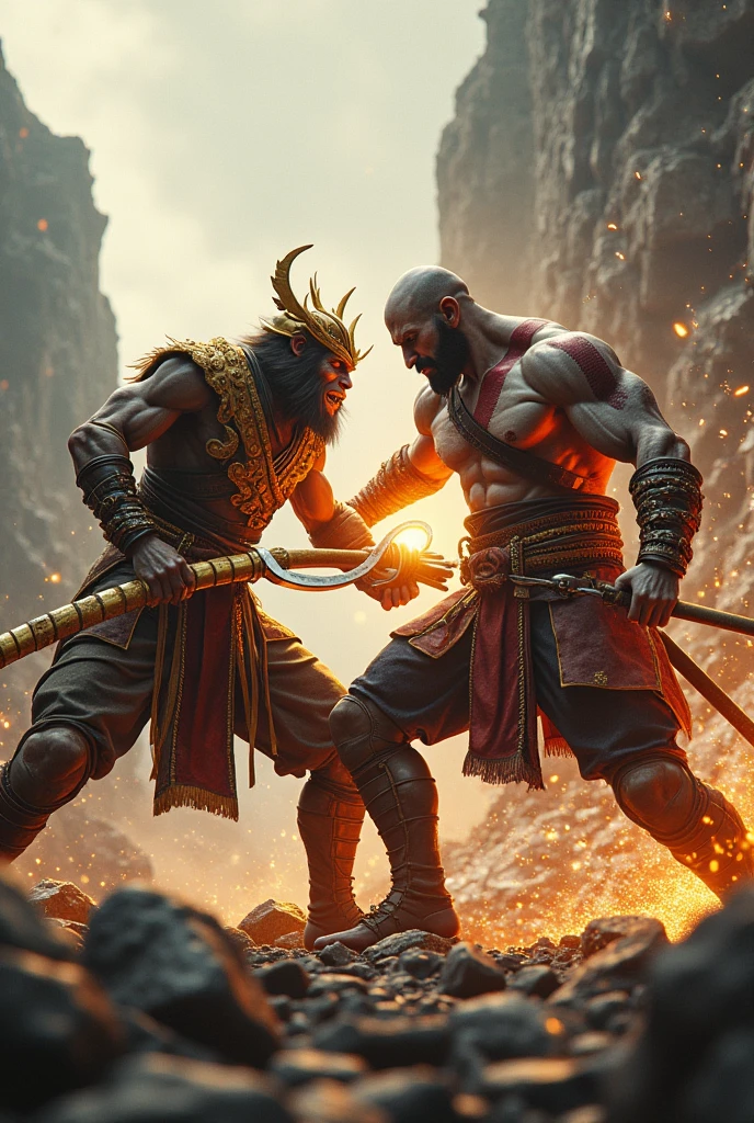 Actual Monkey King in chinese fighter garments and a golden staff fighting Kratos with pure bald head in an head on clash in destroyed mountains. Their feet getting sunk because of each others forces trying to push each others weapons