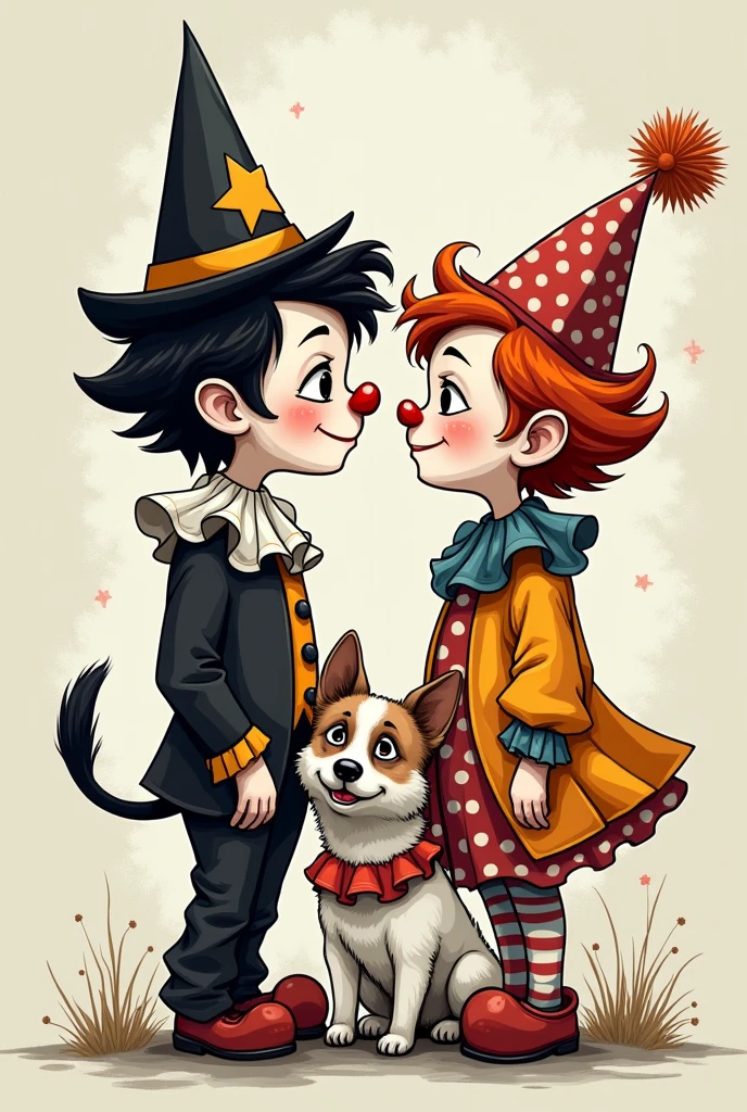 create a cartoon of a sad young male clown in a black and white costume, A young and cheerful colorful clown and a white and brown dog in a clown costume