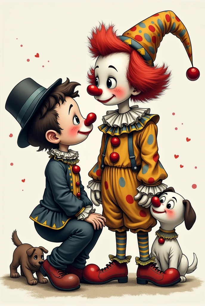 create a cartoon of a sad young male clown in a black and white costume, A young and cheerful colorful clown and a white and brown dog in a clown costume