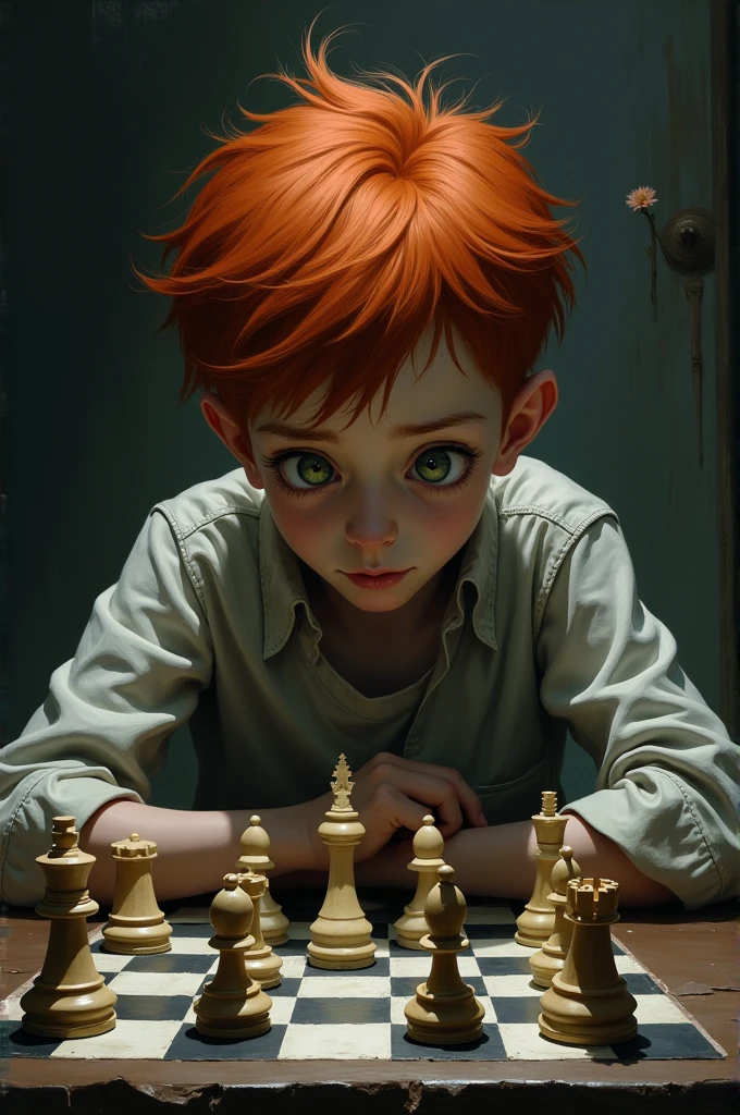 Sick and sad redhead boy playing chess