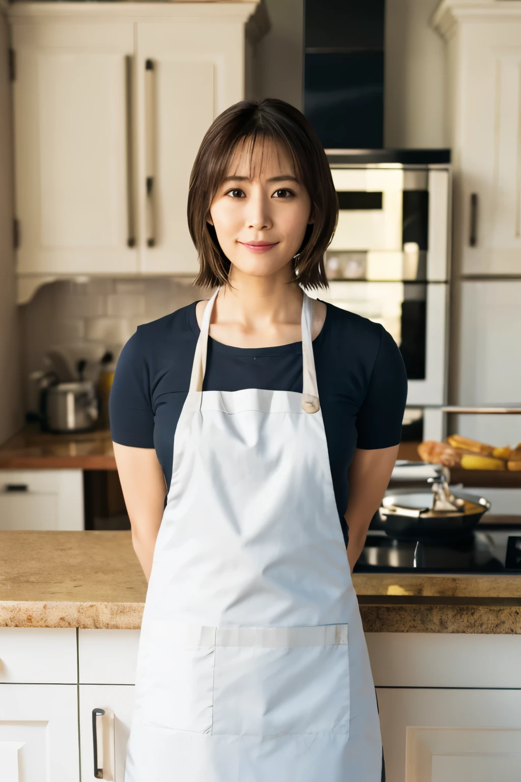 Masterpiece, Photogravure, High quality, Ultra-high resolution, 8K, Realistic, (Intricate details: 1.2), A skinny Japanese wife, 40 years old, {short|long} hair, cute face, no makeup, detailed face, beautiful eyes, detailed eyes, slender body, hourglass figure, anatomically correct body structure, (wearing a full-length apron: 1.4), looking into the camera. a photo captured at a kitchen filled with sunlight, white floor, white walls, cooking items, (plants: 0.8). full-body photo from various angles