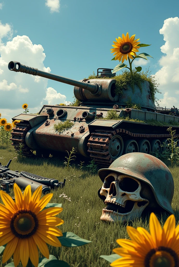 sunflower field, blue sky, destroyed tank t 62 , rusty overgrown with vines , there is a helmet with a skull nearby, rusty ,,next to it there are 2 machine guns and 2 rusty pistols , cartridges and shells for the tank from the helmet grows p