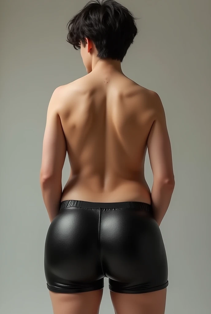 A teenage boy wearing silky black shorts with a huge bubble butt