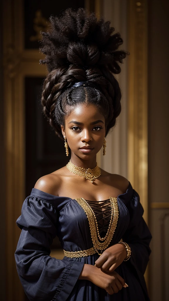A young black woman wearing an elegant indigo regency era dress decorated with intricate lavander details, regency era, afro hair, black afro style braids, intricate hairstyle, dark skin, dark blue eyes, elegant, rich, Bridgerton, young face, regency era ball, carmin and gold background color scheme, noblewoman, regency era, regency era romance, (((brown skin))), black woman, proud, beautiful,
