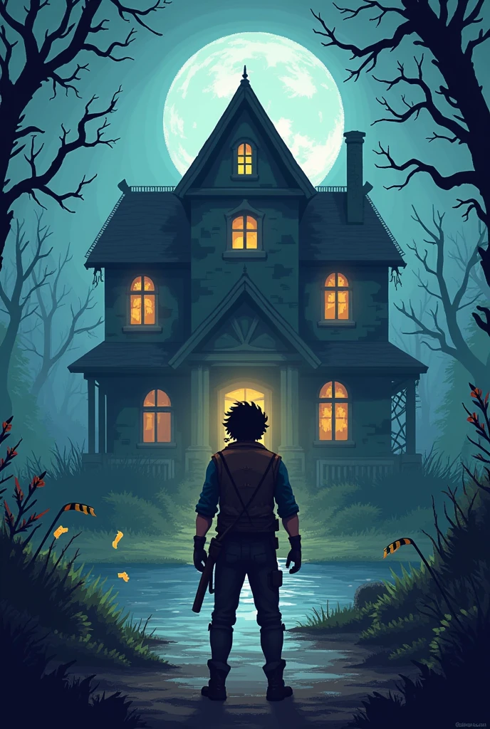 Make a video game cover where the main character has to enter the house haunted by ghosts, I put the character in front of the house that is behind him, the character is a new man and the name of the game is haunted house, do it in pixel style  