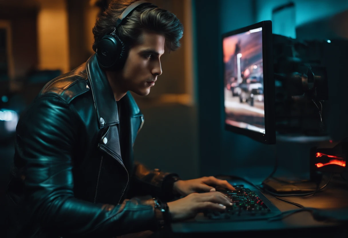 Young man in biker clothes playing on his PC