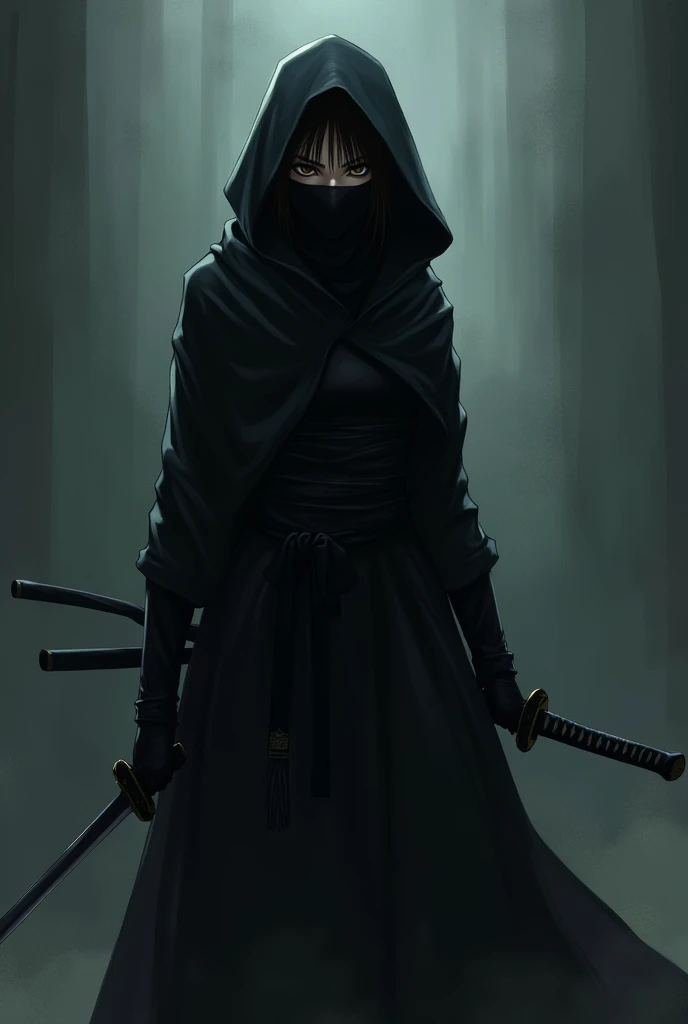 black clothing ,anime styling,hood hiding the hair, black mask in the mouth,Woman, slim, using katana