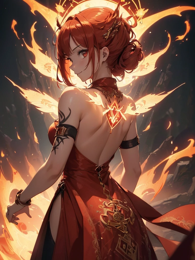 (((best quality, sharp image, clear image, cinematic lighting, 8k resolution, masterpiece, ultra detailed, intricate))) Girl, ((shot from behind)), ((close up)), look at viewer, fire mage, ((intricate background)), ((chaotic background)), red hair, smiling, ((flame runes, flame sigils)), (tatoo on back), slim figure, flying sigils, long dress, cute