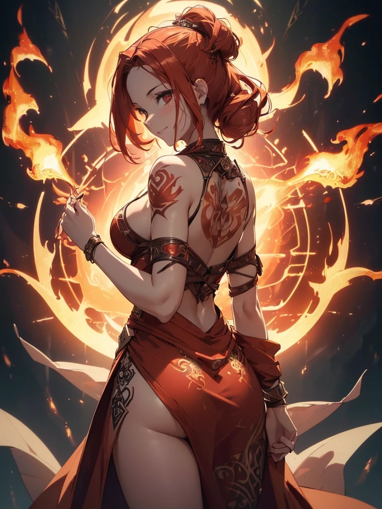 (((best quality, sharp image, clear image, cinematic lighting, 8k resolution, masterpiece, ultra detailed, intricate))) Girl, ((shot from behind)), ((close up)), look at viewer, fire mage, ((intricate background)), ((chaotic background)), red hair, smiling, ((flame runes, flame sigils)), (tatoo on back), slim figure, flying sigils, long dress, cute