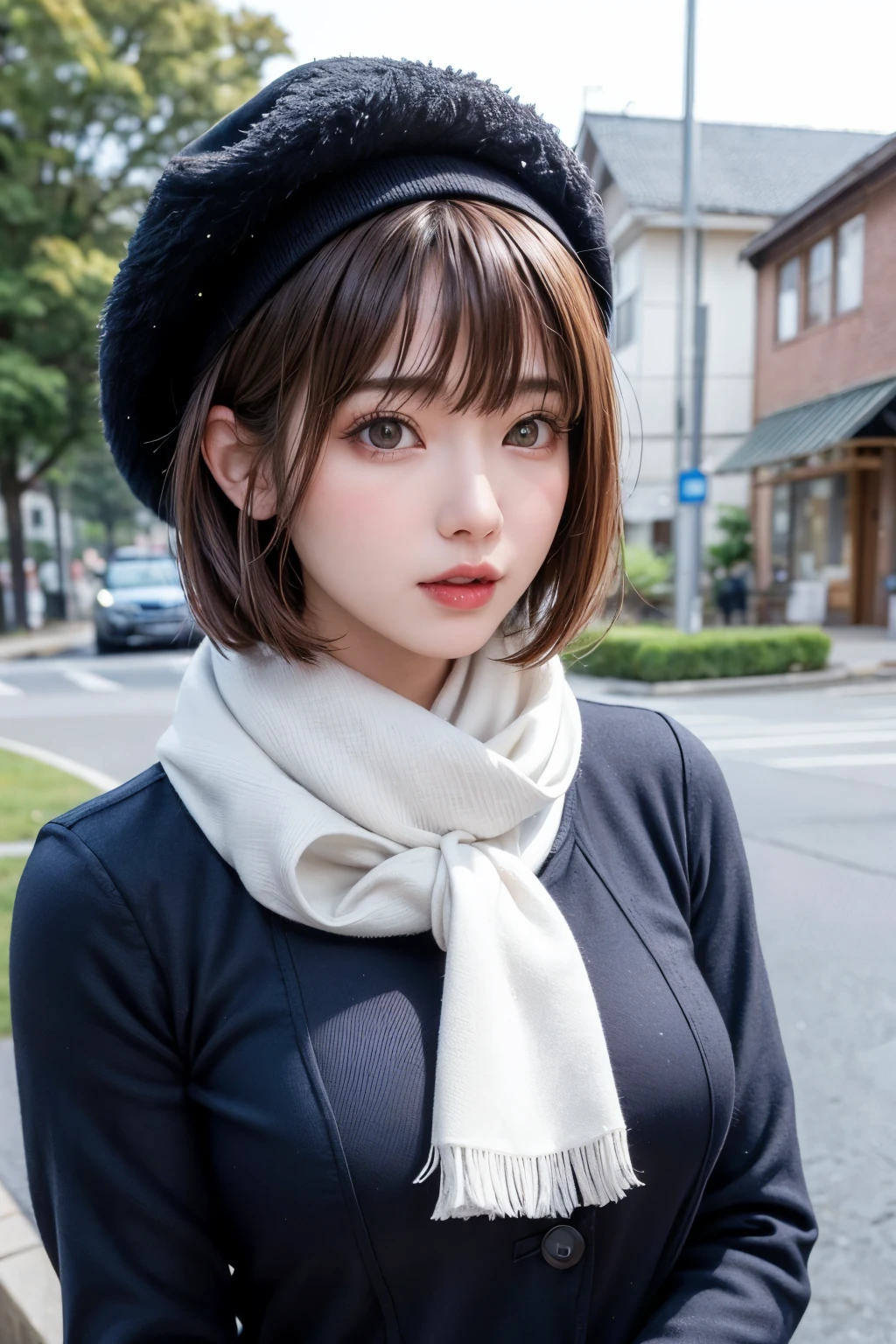 (masterpiece, Highest quality),One Girl, solo, Black-haired, scarf, hat, Realistic, Realistic, Looking at the audience, Light-coloured black eyes, Short brunette bob hair, Brown coat, Winter clothes, White headscarf, Lips, Bans, Plein Air, Mouth closed, Upper body、Big eyes、Eyelashes、((Beautiful landscape with sparkling snow))、(((Short bob hair with bangs、Shiny Hair、Big eyes、large full chest、Intensely accentuates the eyes、Staring at the audience、Beautiful beauty、Listen carefully、Long neck、Smile a little、Please close your mouth and laugh、Ideal body proportions)))、{huge|big|hugeな|Mega} chest:2, chestの谷間:2