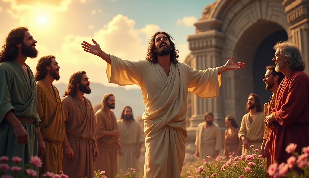Create a realistic scene of Jesus&#39; resurrection, enveloped in a radiant celestial light. The image should capture the expression of surprise and joy on the faces of some of the early disciples., who are witnessing the miracle. Ao fundo, a serene landscape with mountains and a sky in shades of gold and blue, symbolizing hope and rebirth. Elements such as blooming flowers and an open tomb, with the stone removed, must be present, emphasizing the victory over death. The scene should convey a sense of peace and reverence., reflecting the depth of Christian faith in the resurrection.