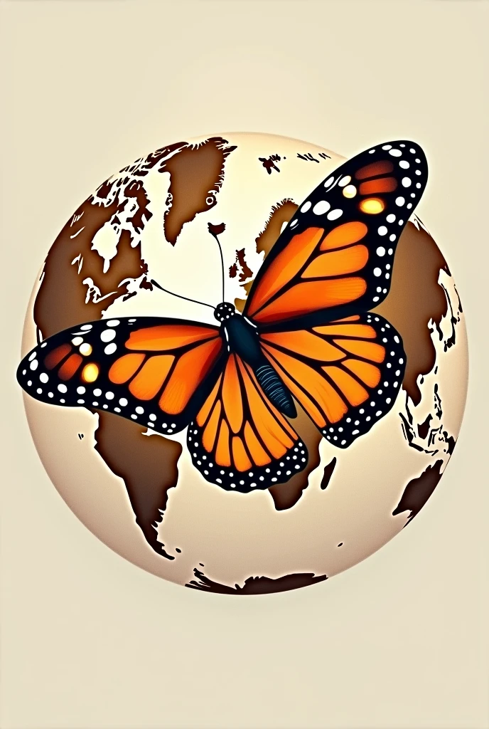 Logo of a drawing of a monarch butterfly flying around a world map,