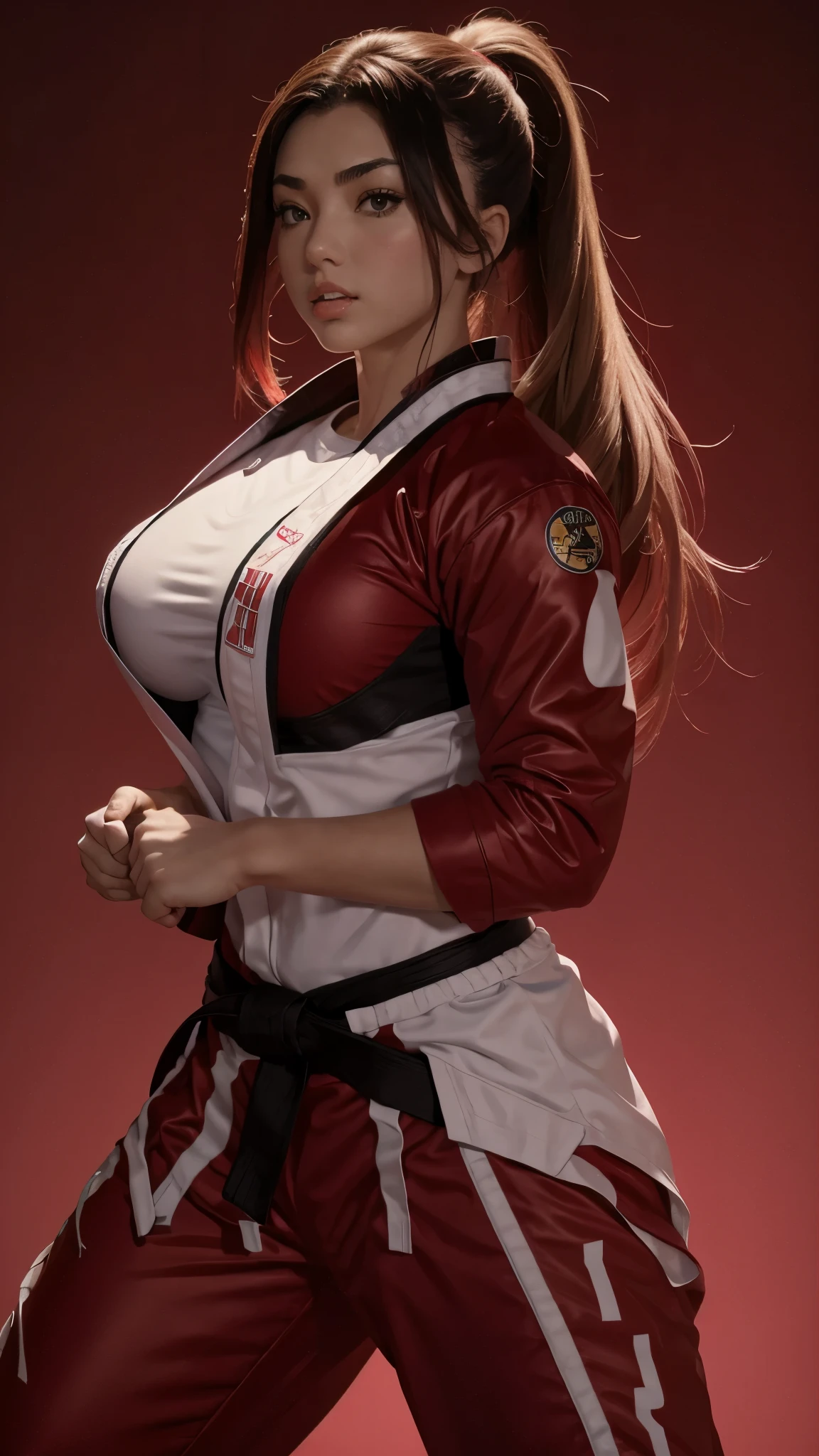 Payton ready with karate suit, in fighting stance, big breasts, a gradient background in red tones