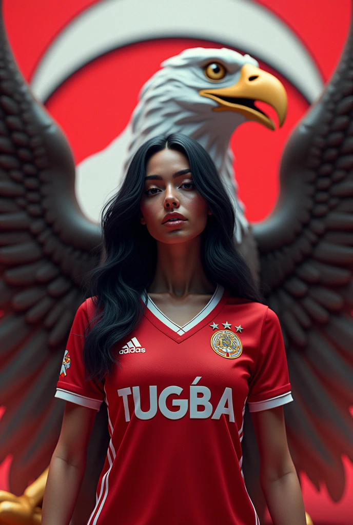 Live 3D Beşiktaş logo in the background, Live 3D eagle figure on the sides, Black Haired Beautiful Woman in front, TUGBA text on the black and white Beşiktaş jersey,