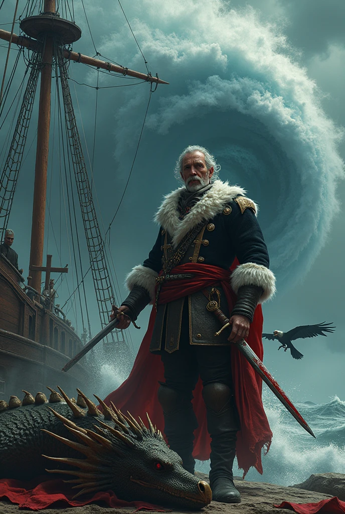 A 16th century pirate ship admiral dressed in black, white and red. In its chapel there is a cross like the one on the Portuguese caravels.
Make him with a bloodstained sword and behind him is a dead dragon. In front of you Make a giant hurricane destroying everything while the admiral remains strong and fearless looking at him. Also, almost imperceptibly in the image, draw a demonic vulture watching and waiting for the admiral as he observes the hurricane..