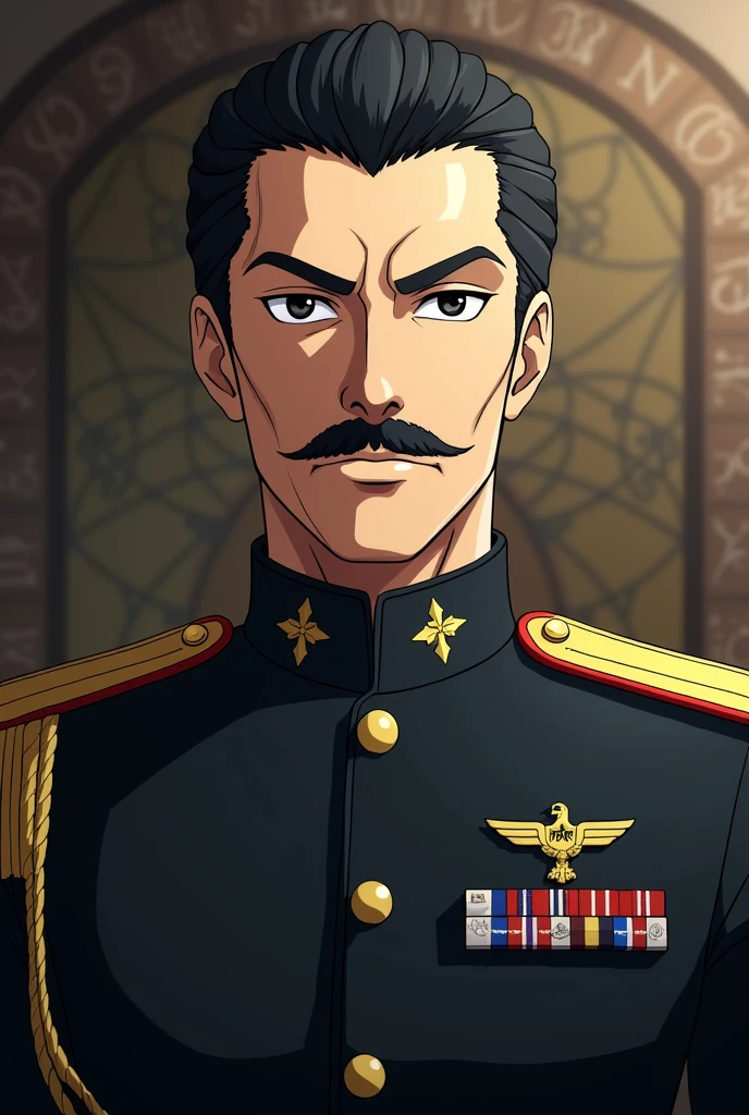 Crie o personagem rei braddley de fullmetal alchemist brotherhood, make him older and with a mustache, black hair and black mustache