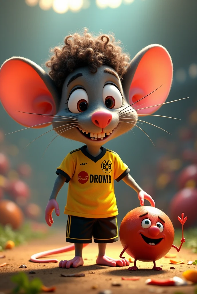 Disney Pixar cover that the title says "RATALITO and the meatball" , appearance a mouse with a hanging nose and gigantic broken teeth with curly hair and dressed in a Borussia Dortmund outfit and a fat meatball with legs and eyes next to him