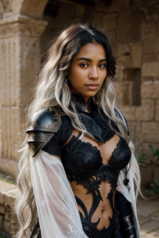 Half body of a beautiful young woman with long wavy white hair, with decorations, black skin color, raza afro, black armor. The armor is intricately designed with detailed patterns, covering the shoulders and chest. She has a calm, confident expression on his face, with a soft gaze that looks slightly to one side. the background is blurred, suggesting an ancient or mystical setting, possibly ruins or an ancient structure