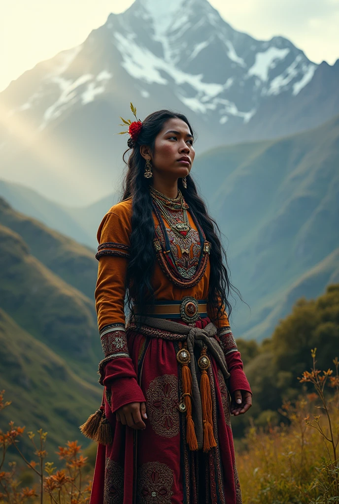 A detailed indigenous Shuar woman in the Andes mountains, standing in front of a snowy peak, realistic, photorealistic, ultra-detailed, 8k, best quality, masterpiece, dramatic lighting, vibrant colors, natural environment, intricate cultural details, detailed facial features, flowing hair, elegant attire, serene expression, majestic mountain backdrop, atmospheric fog, warm golden tones, camera leica m11 , leica summicron 18mm lens