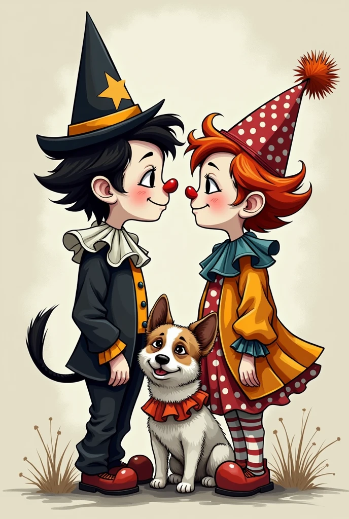 create a cartoon of a sad young male clown in a black and white costume, A young and cheerful colorful clown and a white and brown dog in a clown costume