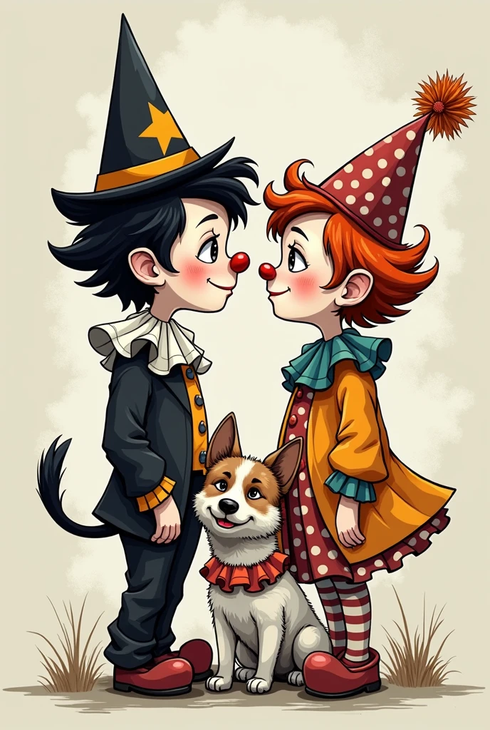 create a cartoon of a sad young male clown in a black and white costume, A young and cheerful colorful clown and a white and brown dog in a clown costume