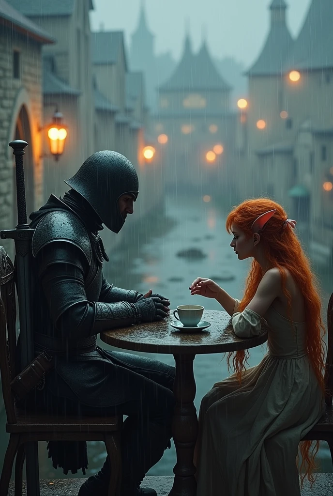 Romantic fantasy, in skyrim style. A man in armor and a black helmet covering his face, with sword, looking at a fairy with pointy ears and coppery orange hair drinking tea. The two are sitting at a table facing each other., it's raining. Looks like an oil painting, a little blurry.. seen from a distance, an illuminated city behind