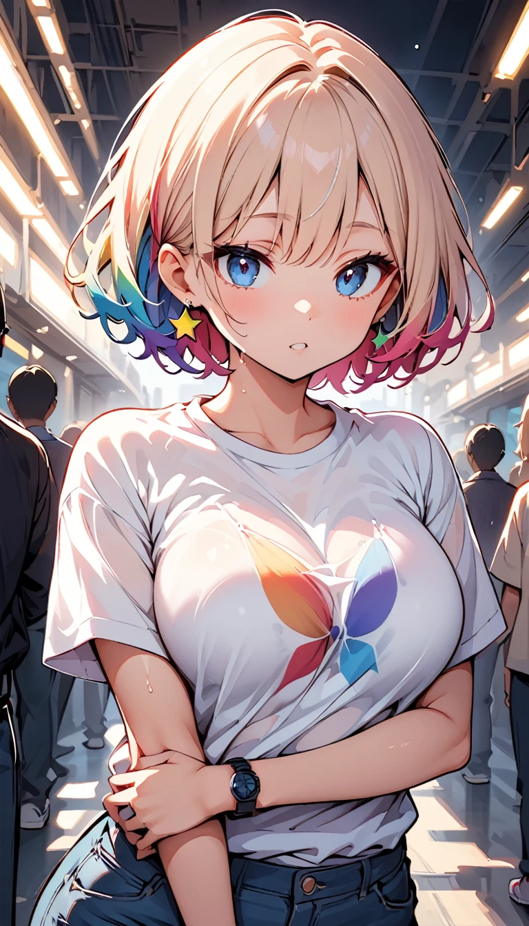 (high quality, 8k, 4K, High Contrast, masterpiece:1.2, 最high quality, Best aesthetics), (Dynamic Angle), ((1 female )), ((Plain and bright background)), ((Flat Color)),(Plain white T-shirt on the upper body), (jeans), Looking at the audience, Upper Body, Transparent Background, Sleepy eyes, High Contrast, Contrasting colors, Full Shot, Pale pink and blue lighting, ((Short Hair)) , Rainbow Hair, Small star-shaped earrings in both ears, watch, bright eyeshadow, Cool look, Big Tits, Wet T-shirt, Her red bra is visible through her T-shirt