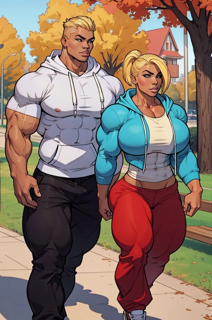 1girl, coloured sketch, beautiful woman, blonde stylish haircut, extremely tanned, wearing hoodie, long baggy pants, strong well defined muscle, bulky powerful bodybuilder physique, muscular arms, perfect and flawless musculature, great muscle definition, perfect muscular body, massive muscular thighs, perfect round fake breasts, walking at the park