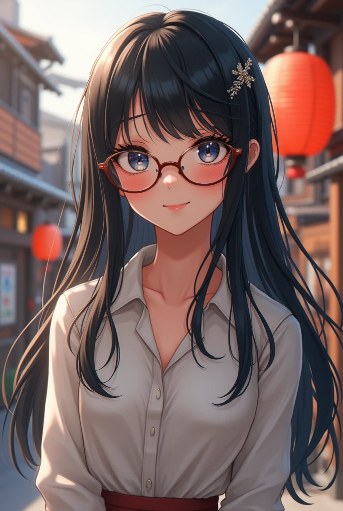 Wear glasses, 1 Japan, Long Hair, High resolution, Small breasts, Gaze, smile, Black Hair, Anatomically correct, happiness/joy, Sparkling eyes, Eyebrows hidden under hair, hair band, Long shirt dress, Full body portrait