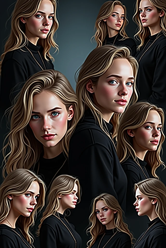 Use the style of the image girl more ultra realistic. White girl blond hair different positions 
