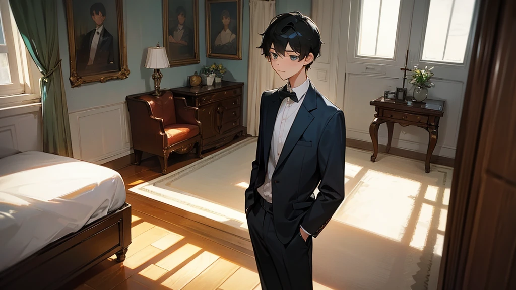 A 16-year-old boy looking healthy and smart, dressed neatly in casual home attire, standing in a well-kept, cozy home. Beside him is the girl from his dream, now dressed in a stylish housewife outfit, adding a warm and domestic touch to the scene. They are in a comfortable, inviting room with a homely atmosphere, reflecting a sense of happiness and stability in their shared life.