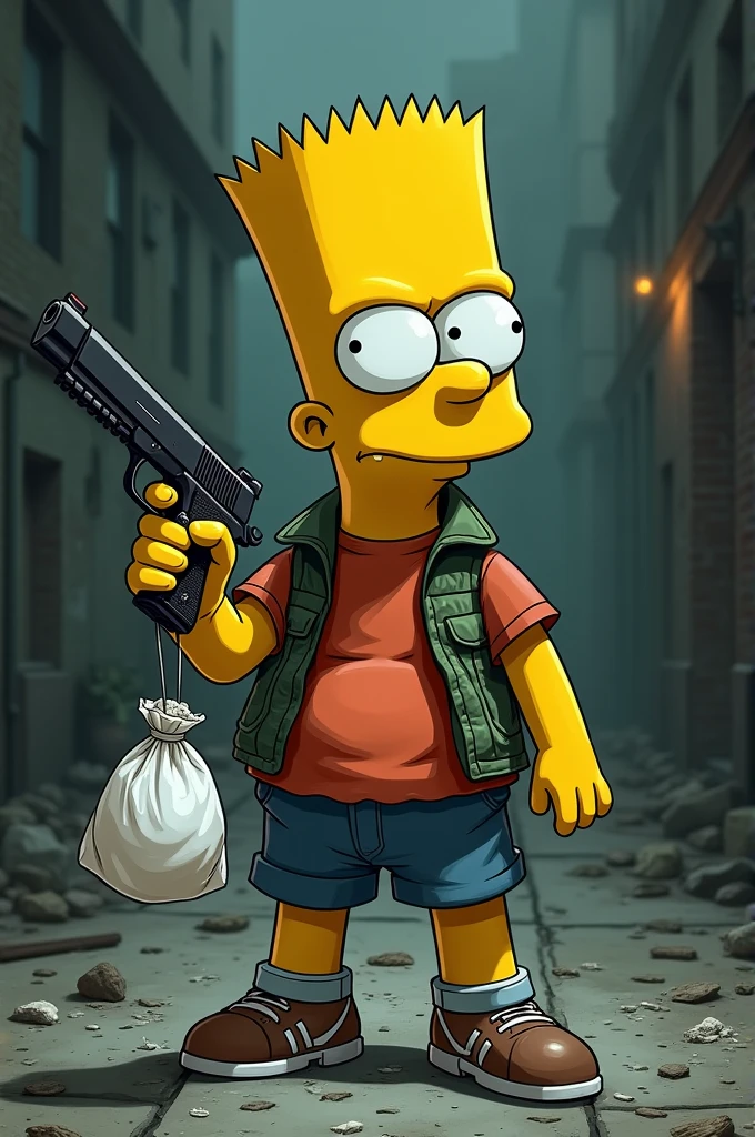 Bart simpson with a gun, and a bag of white powder.