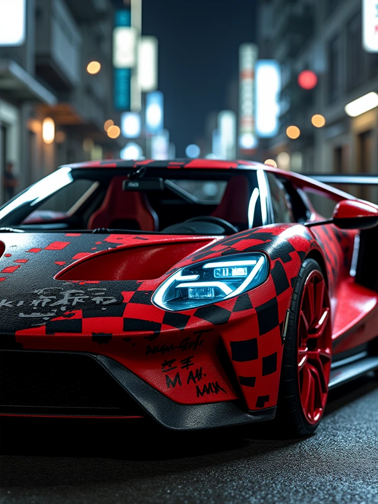 A ford gt 2017 designed by Japanese fashion designer Yohji Yamamoto, in black-and-red color palette, borrowing the punk red plaids, dots and Skewed white Text. Featuring the illustrative artwork seen in the teaser imagery, the slick Mclaren p1 features a streaked red and black wrap across the entire body, accented by stylized white Katakana and Kanji text in contrasting white. The interior is, of course, black, but it’s also surprisingly loud, with plush suede bolstered by embroidered text and more hits of red. The background is of course a Tokyo street with jet black color grading., 3d render, illustration, vibrant, photo