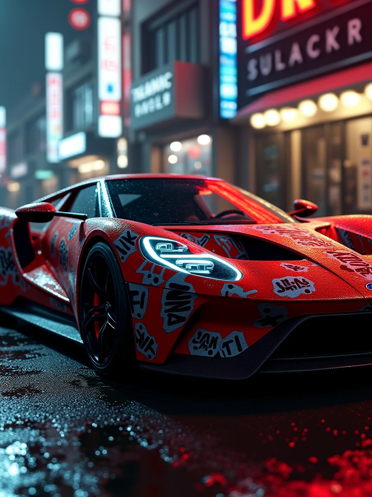 A ford gt 2017 designed by Japanese fashion designer Yohji Yamamoto, in black-and-red color palette, borrowing the punk red plaids, dots and Skewed white Text. Featuring the illustrative artwork seen in the teaser imagery, the slick Mclaren p1 features a streaked red and black wrap across the entire body, accented by stylized white Katakana and Kanji text in contrasting white. The interior is, of course, black, but it’s also surprisingly loud, with plush suede bolstered by embroidered text and more hits of red. The background is of course a Tokyo street with jet black color grading., 3d render, illustration, vibrant, photo