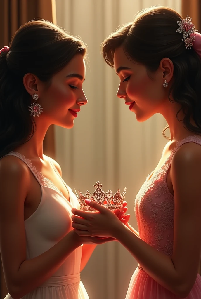 Mother holding quinceanera crown from side right profile full body