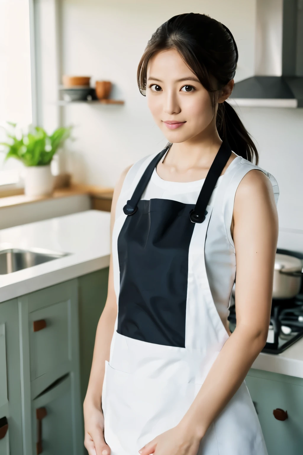 Masterpiece, Photogravure, High quality, Ultra-high resolution, 8K, Realistic, (Intricate details: 1.2), A skinny Japanese woman, 30 years old, {short|long} hair, cute face, no makeup, detailed face, beautiful eyes, detailed eyes, slender body, hourglass figure, anatomically correct body structure, (wearing a full-length apron: 1.4), looking into the camera. a photo captured at a kitchen filled with sunlight, white floor, white walls, cooking items, (plants: 0.8). full-body photo from various angles
