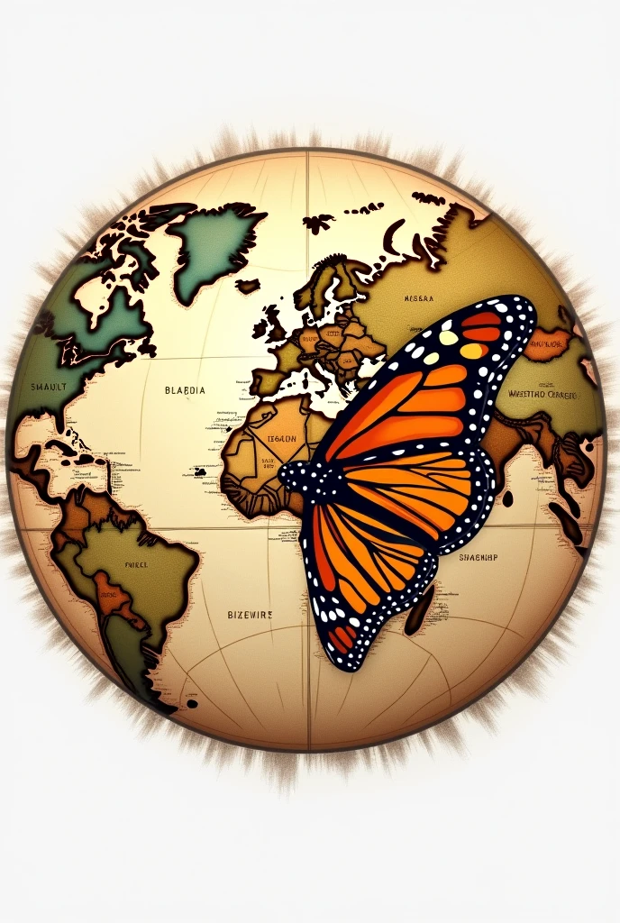 Logo of a drawing of a small monarch butterfly flying sideways around a world map,