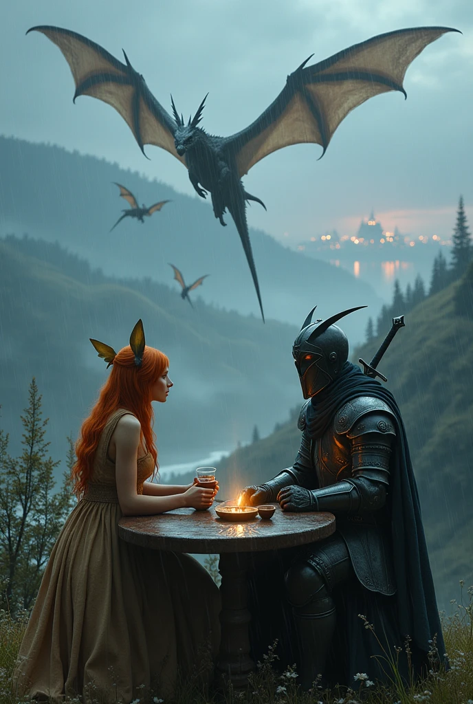 Romantic fantasy, in skyrim style. A man in armor and a black helmet covering his face, with sword, looking at a fairy with pointy ears and coppery orange hair drinking tea. The two are sitting at a table facing each other on a hill, It's raining and there are dragons flying in the sky. Looks like an oil painting, a little blurry.. seen from a distance, an illuminated city behind