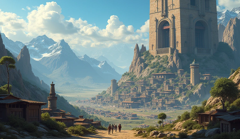 Huge Village small people in it construction is underway in the mountains The word Blum is like Hollywood but the word BLUM is huge and next to it the word @dragonscryptochat Atmospheric beautiful