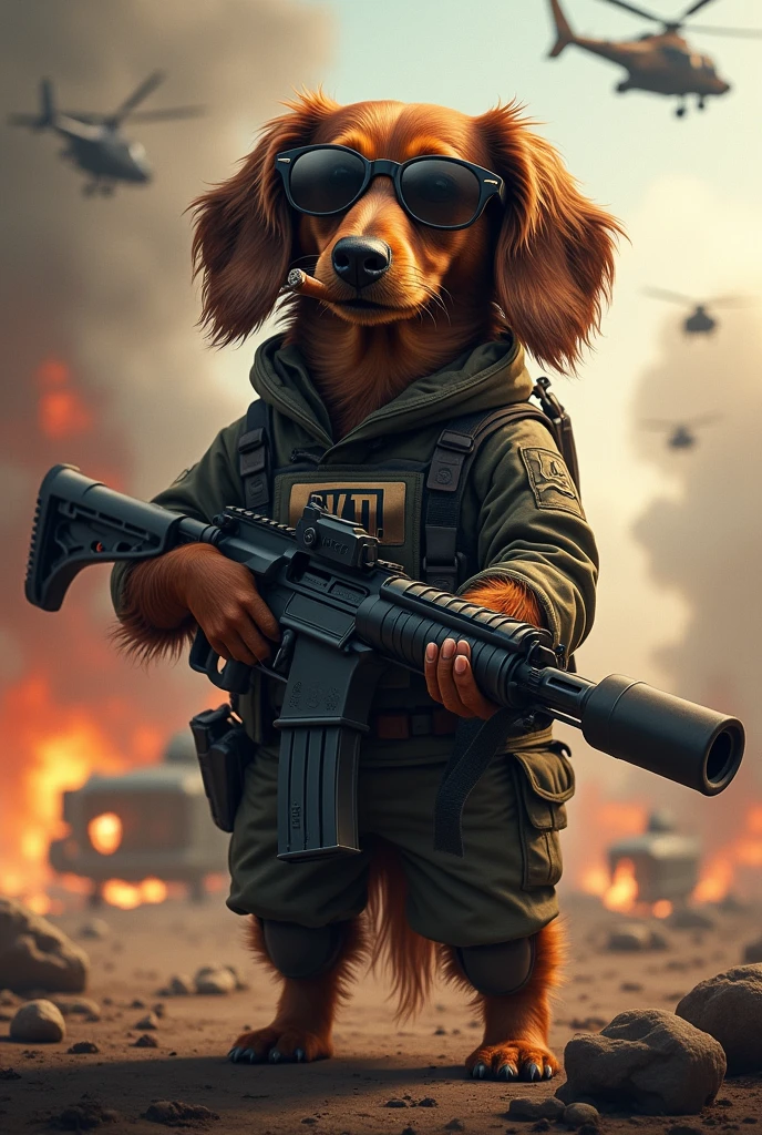 Dachshund　long　Haired、SWAT Team Outfit、The rifle I have　「JTt」it is written like this、He has sunglasses on his eyes、Smoking a cigar、In the background　A fierce battlefield where fighter jets and helicopters are engaged in aerial combat、Explosions are happening too