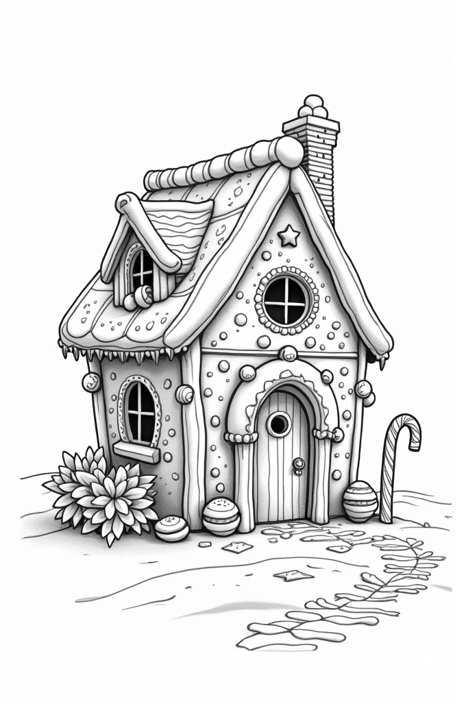 House made of sweets in black and white style for coloring