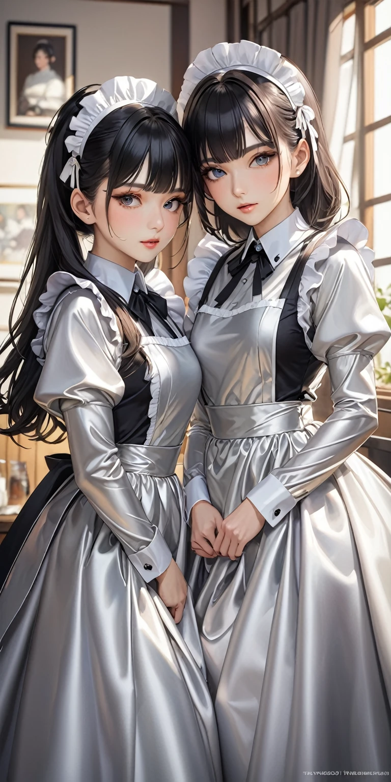 Portraiture、(masterpiece,Highest quality,Ultra-high resolution),Japanese women, (((Two very beautiful 25 year olds)))、Both of them are wearing shiny, pale silver satin long sleeve maid outfits...、The dress is made of shiny satin.、'Don't expose your skin..、The skirt is a long skirt with frills.、Satin Gloves、((Satin bodysuit))、Bright room、They are sitting side by side on the bed