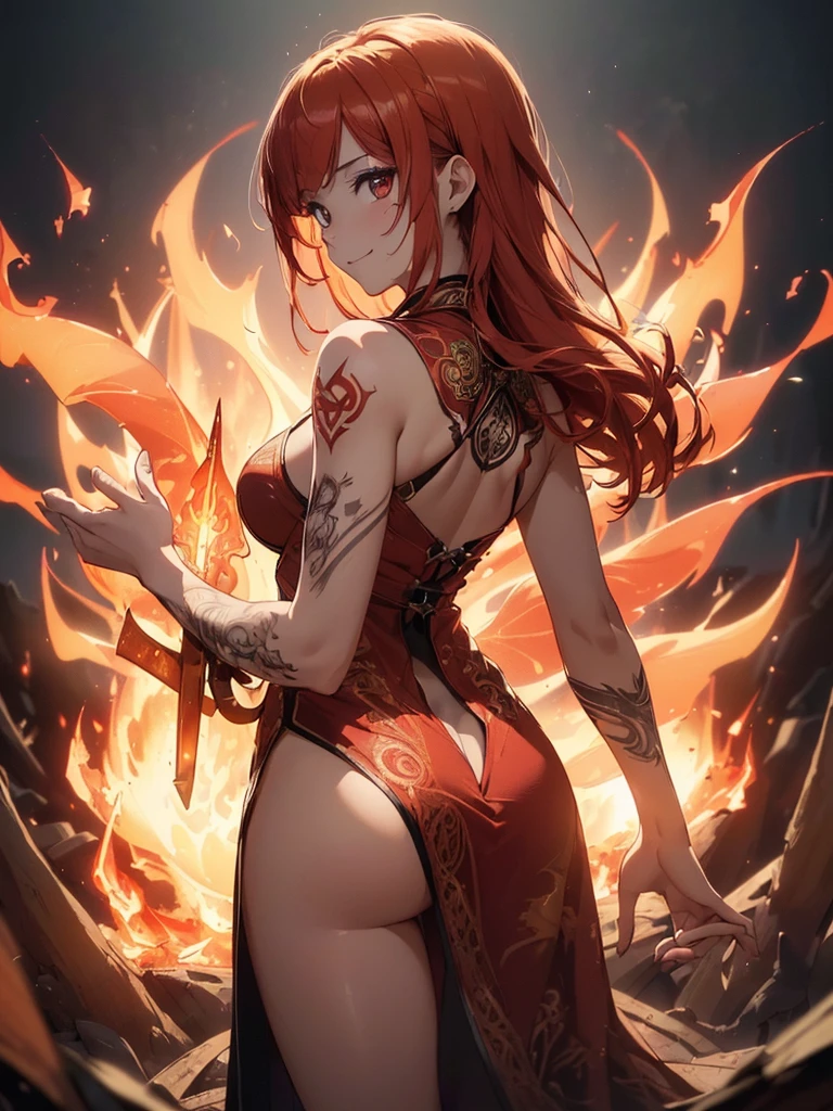 (((best quality, sharp image, clear image, cinematic lighting, 8k resolution, masterpiece, ultra detailed, intricate))) Girl, ((shot from behind)), ((close up)), look at viewer, fire mage, ((intricate background)), ((chaotic background)), red hair, smiling, ((flame runes, flame sigils)), (tatoo on back), slim figure, flying sigils, long dress, cute